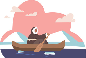 Eskimo man floating kayak vector illustration