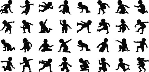 Vector illustration of kids in action poses, running, jumping, crawling, playing, black children silhouettes, movement and activity clipart collection