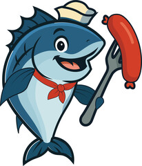 Cartoon Fish Chef with Sausage