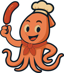 Chef Squid with Sausage - Retro Cartoon