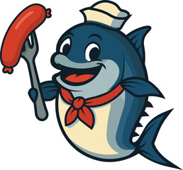 Happy Cartoon Fish Chef with Sausage and Fork