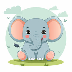 Fototapeta premium Adorable cartoon illustration of a baby elephant sitting on green grass with a smile