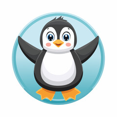 Naklejka premium Adorable cartoon penguin with open wings standing inside a blue circular frame