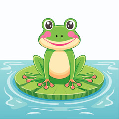 Obraz premium Cheerful cartoon frog sitting on a lily pad in the water with a happy expression