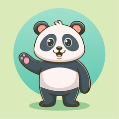 Fototapeta premium Cheerful cartoon panda waving hello with a friendly smile on a light green background