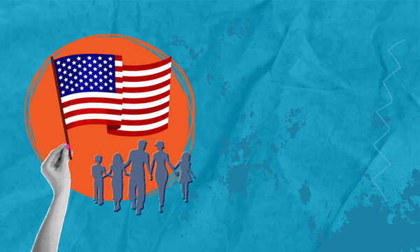 Trendy halftone pop art collage. Hand with american flag and silhouettes of people, parents and children in orange circle on blue background. Holiday concept. Celebrate Independence Day
