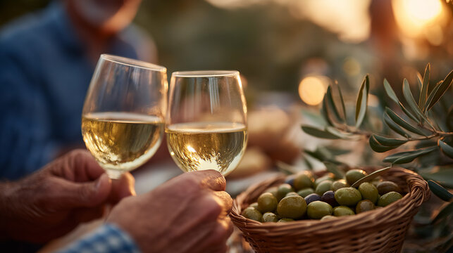 Farmers toasting wine at sunset in olive grove celebration
