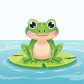 Cute cartoon frog sitting on a lily pad in the water, smiling and enjoying nature
