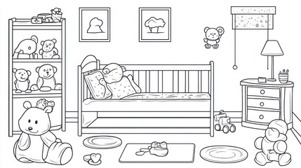 Line drawing of a child's room