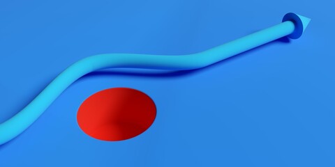 Red arrow overcoming obstacle wall with blue arrows stuck in front on white background, obstacle overcomng or business success concept
