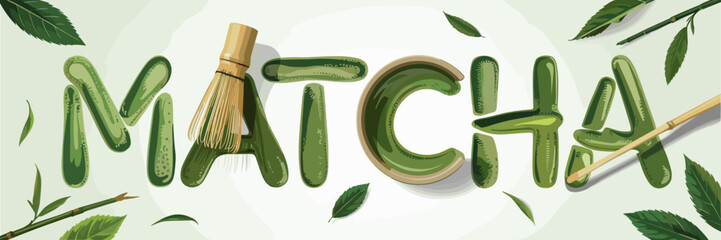 stylized matcha text with green tea powder and ceramic bowls – ideal for natural products, tea culture, or health and lifestyle branding