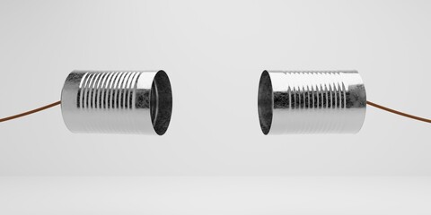 Two metal tin cans with strings attached floating on white background, business communication concept
