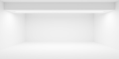 Empty blank white room background with horizontal ceiling beam with light inlay, modern interior template