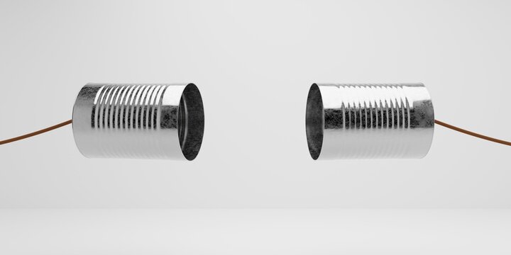 Two metal tin cans with strings attached floating on white background, business communication concept
