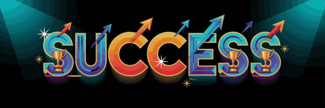 Modern success poster with gold trophies, silver stars, and upward arrows – Great for inspirational, business, and goal-setting content