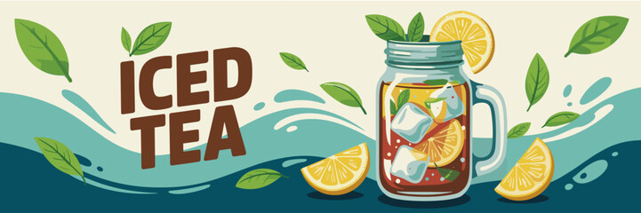 Refreshing iced tea in mason jar with lemon and ice cubes – Perfect for summer beverage ads, healthy lifestyle, or food and drink content.