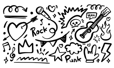 Doodle music with musical notes a guitar and the word punk.