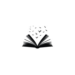 Flat silhouette of an open book with pages flying out on white background