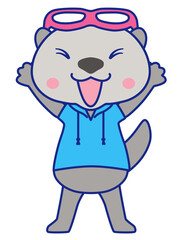 両手を上げて喜ぶ、ゴーグルを頭に乗せた笑顔のラッコのキャラクターイラスト