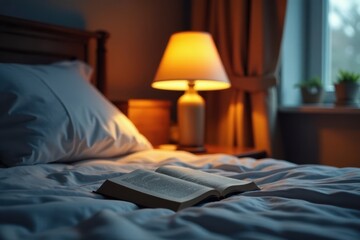 Soft lighting illuminates cozy bedroom, book and lamp on nightstand, decor, blanket