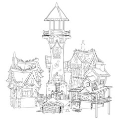 A drawing of a small village with a tall lighthouse in the center. The houses are small and made of wood, and there are several people scattered throughout the scene. Scene is peaceful and quaint