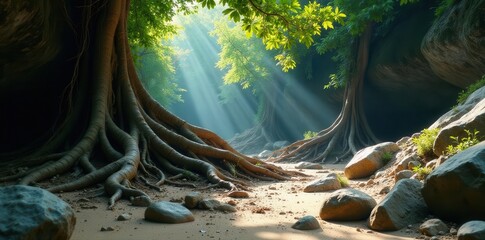 Thick, gnarled roots gripping rocks, a testament to nature's power ,  natural,  geology
