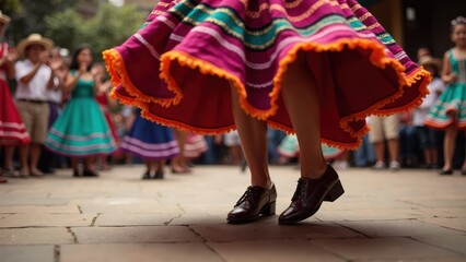 Close-up view of a dancer feet in traditional Mexican huaraches, beautifully moving during a lively folkloric dance performance filled with colorful skirts.