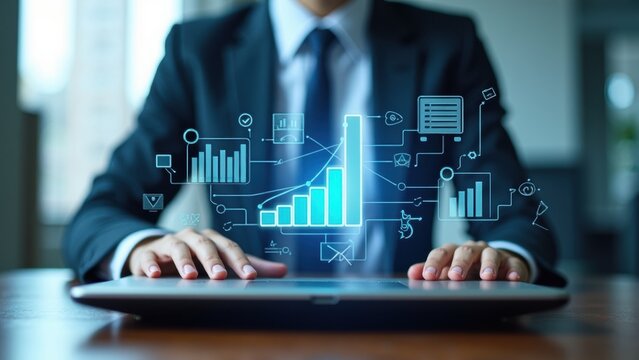 Man is sitting at a desk with a laptop and a blue screen with graphs and numbers. The man is focused on the screen - Powered by Adobe
