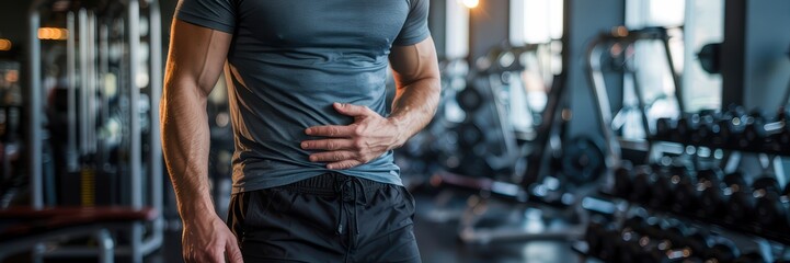 Muscular Man with Stomach Pain at Gym Holding Abdomen