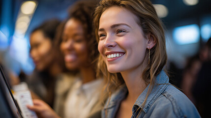 Obraz premium Young women buying train tickets at a busy station