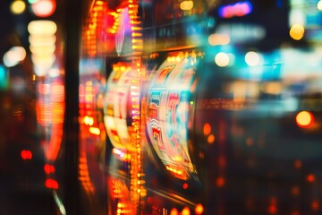 slot machine spinning brightly in vibrant colorful casino lights at night