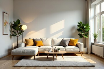Modern living room, cozy sofa, soft rug, warm light, inviting, home decor