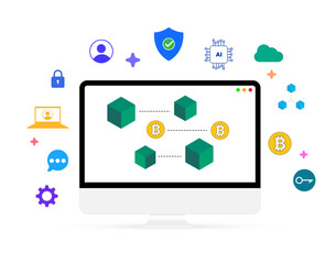 Blockchain and crypto technology concept with futuristic shapes and floating signs around computer screen. Networking, secure, modern, tech