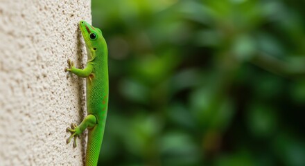 Fototapeta premium Green lizard on a beige surface