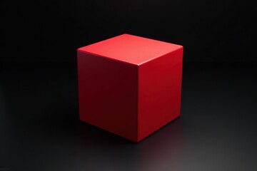 Red cube contrasts stark black background, bold single element, composition, strong