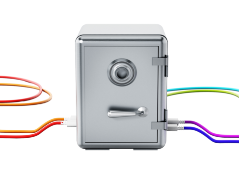 USB cables connected to steel safe on transparent background. 3D illustration
