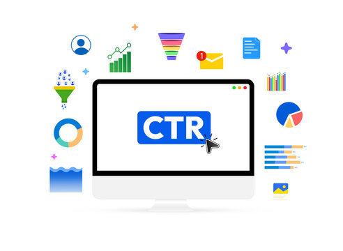 Click through rate concept background design with computer screen and floating shapes around, ctr, business, finance, graph, leads, funnels