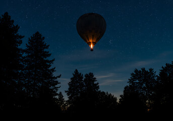 Hot air balloon soaring above silhouettes of trees at night
