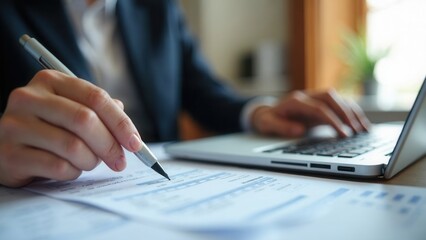 Business person using a laptop to complete income tax return form online.Calculation tax return concept..