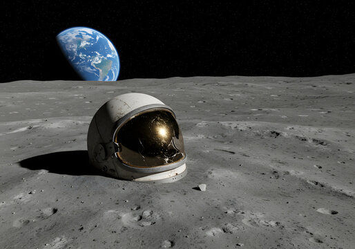Astronaut helmet resting on lunar surface with Earth in background  
