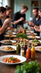 Group of people are gathered around a long table with a variety of food and condiments. Scene is one of camaraderie