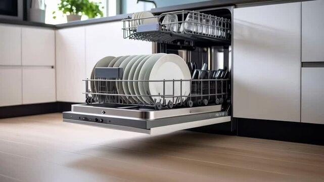 Open dishwasher loaded with clean white plates and silverware in a bright, modern kitchen setting with light wood floors showcasing household chores