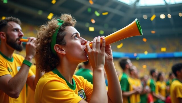 Woman in a yellow shirt is blowing a horn. She is surrounded by other people in yellow shirts - Powered by Adobe