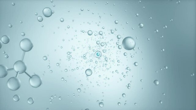 Liquid serum or cosmetic oil is dripping and has molecules inside 3d animation.