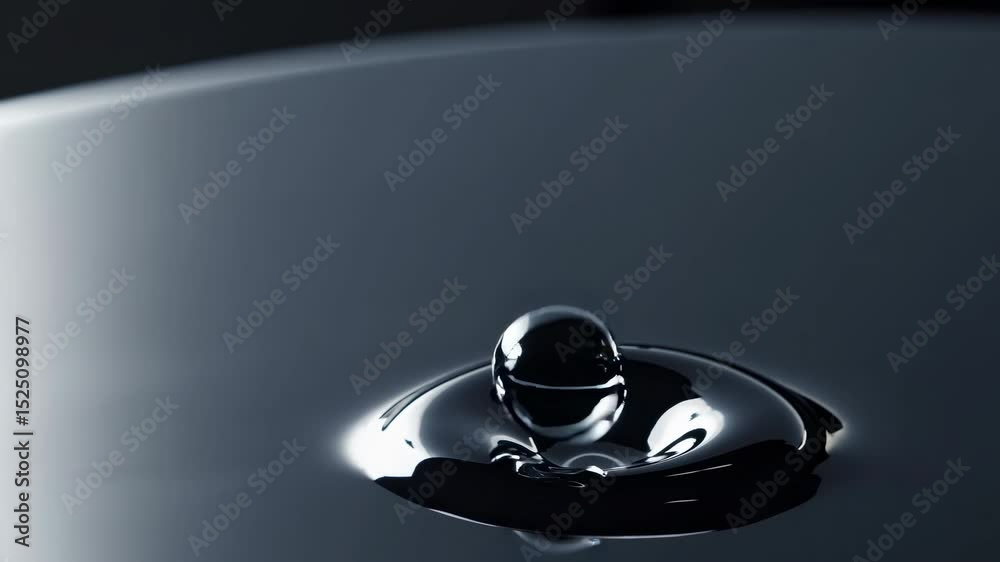 Poster water droplet forming on a smooth, dark surface during a close-up exploration of fluids in motion