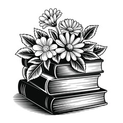 Stack of Books with a Bouquet of Flowers