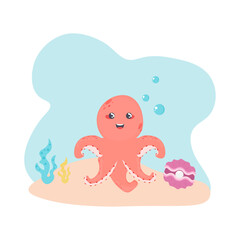 Cute octopus swims in the sea underwater. Poster with octopus on white background. Flat Vector illustration. 