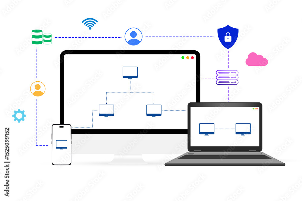 Poster multiple networking device concept background with floating shapes and inter connected devices. lock