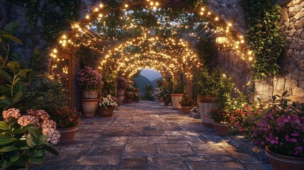 Fototapeta premium 40. Ambient lights in canopy over stone patio with flower pots