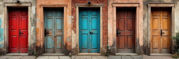 Rustic wood doors & windows collage, layered textures, worn, detail